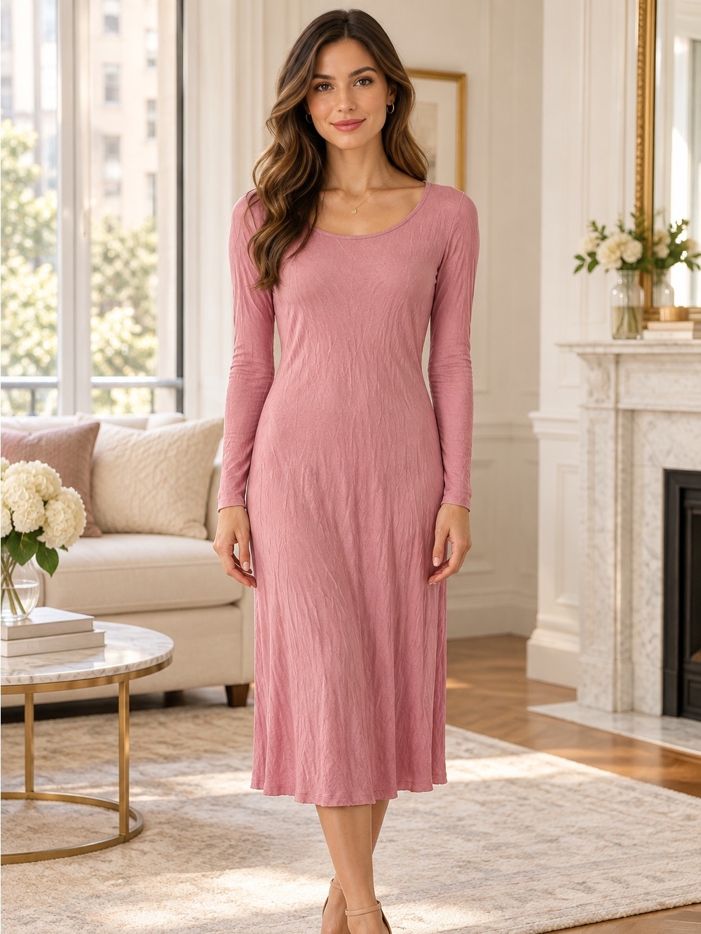 Iconic Luxe Dusty Pink Long Sleeve Midi Dress